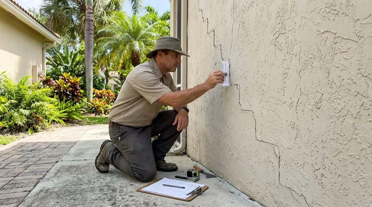 Measuring a stair-step stucco crack during an inspection