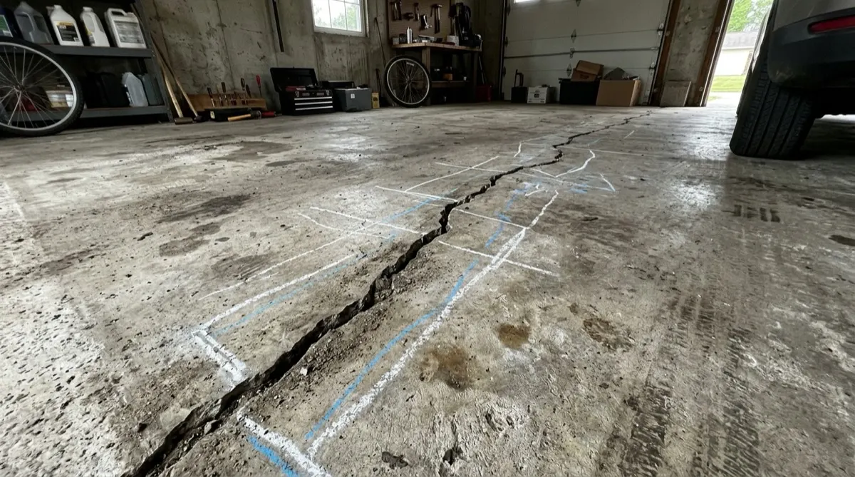 Slab crack mapped out in a garage before repair